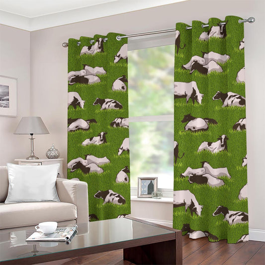 Cow On Green Grass Pattern Print Blackout Grommet Curtains