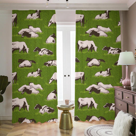 Cow On Green Grass Pattern Print Blackout Pencil Pleat Curtains