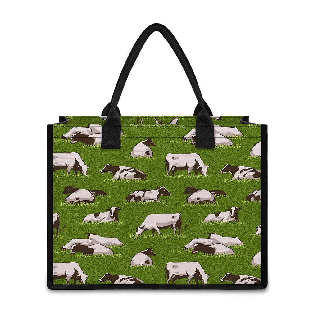 Cow On Green Grass Pattern Print Canvas Tote Bag