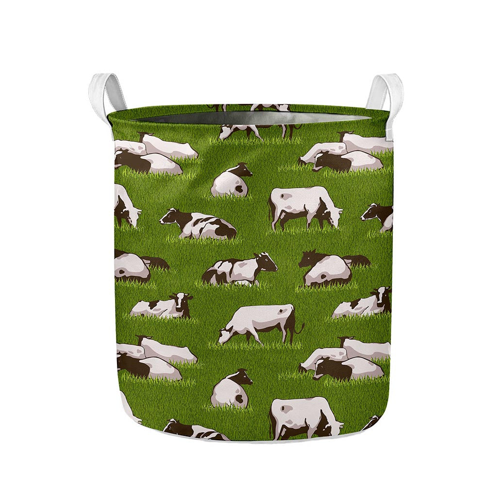 Cow On Green Grass Pattern Print Collapsible Laundry Basket