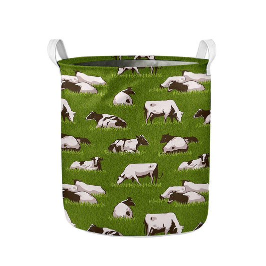 Cow On Green Grass Pattern Print Collapsible Laundry Basket