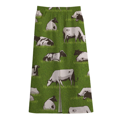 Cow On Green Grass Pattern Print Cotton Front Slit Maxi Skirt
