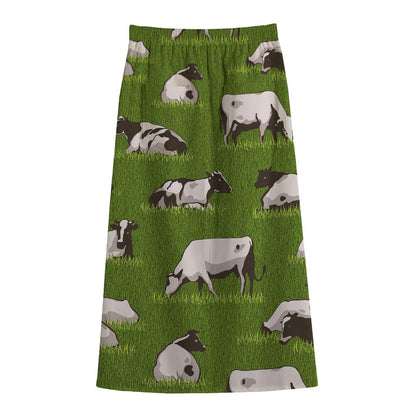 Cow On Green Grass Pattern Print Cotton Front Slit Maxi Skirt