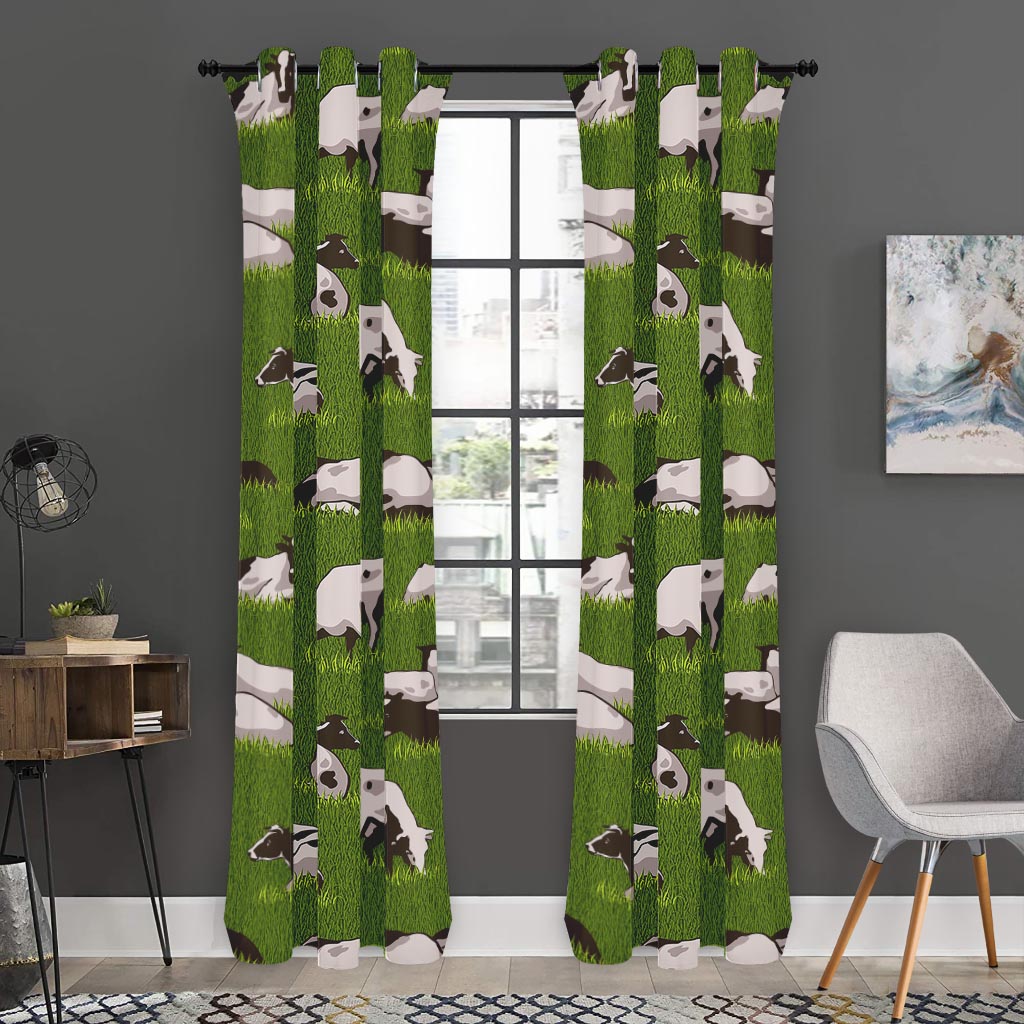 Cow On Green Grass Pattern Print Curtain