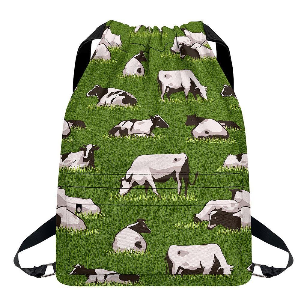 Cow On Green Grass Pattern Print Drawstring Backpack