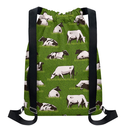 Cow On Green Grass Pattern Print Drawstring Backpack