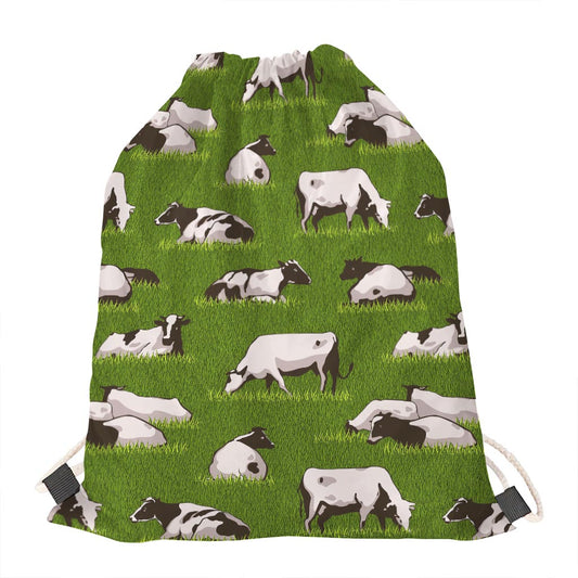 Cow On Green Grass Pattern Print Drawstring Bag