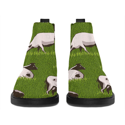 Cow On Green Grass Pattern Print Flat Ankle Boots