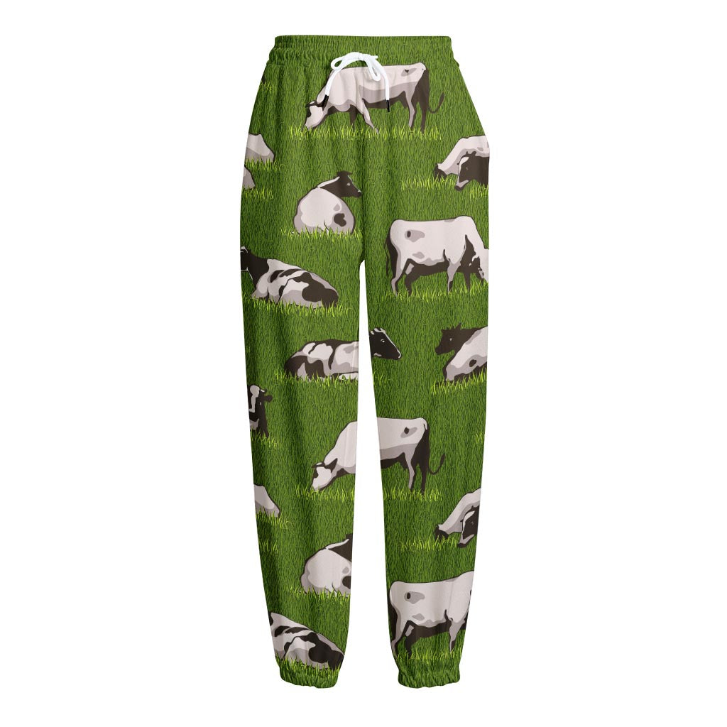 Cow On Green Grass Pattern Print Fleece Lined Knit Pants