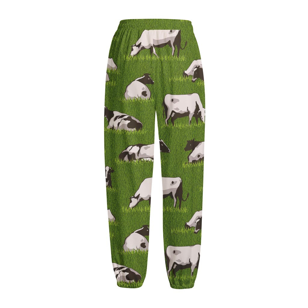 Cow On Green Grass Pattern Print Fleece Lined Knit Pants