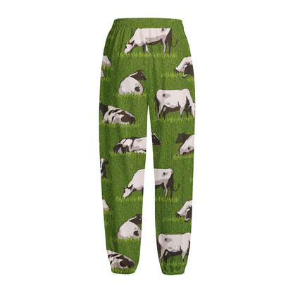 Cow On Green Grass Pattern Print Fleece Lined Knit Pants