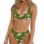 Cow On Green Grass Pattern Print Front Bow Tie Bikini