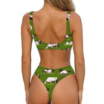 Cow On Green Grass Pattern Print Front Bow Tie Bikini