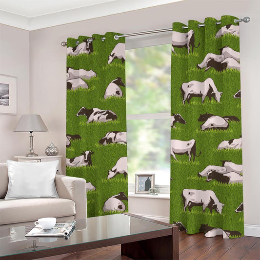Cow On Green Grass Pattern Print Grommet Curtains