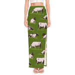 Cow On Green Grass Pattern Print High Slit Maxi Skirt