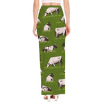 Cow On Green Grass Pattern Print High Slit Maxi Skirt
