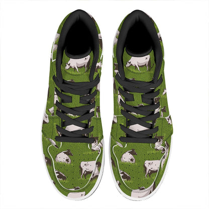 Cow On Green Grass Pattern Print High Top Leather Sneakers