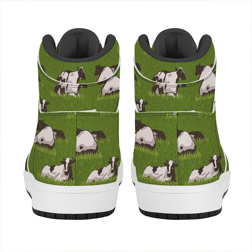 Cow On Green Grass Pattern Print High Top Leather Sneakers
