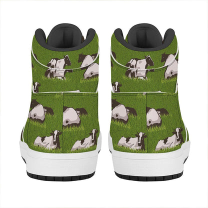 Cow On Green Grass Pattern Print High Top Leather Sneakers