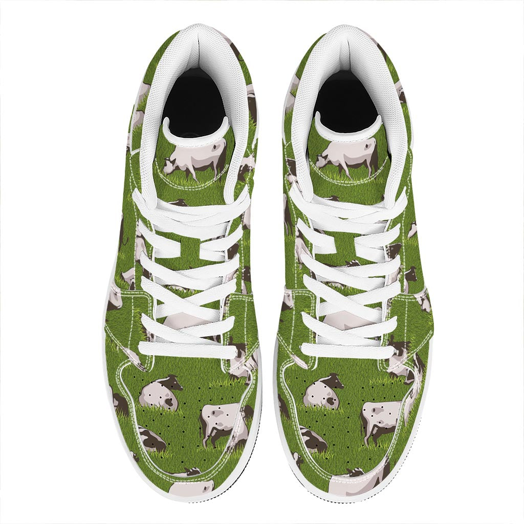 Cow On Green Grass Pattern Print High Top Leather Sneakers