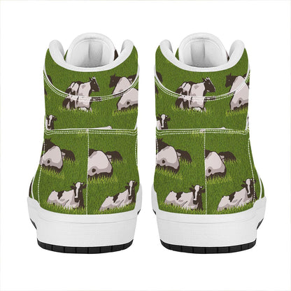 Cow On Green Grass Pattern Print High Top Leather Sneakers