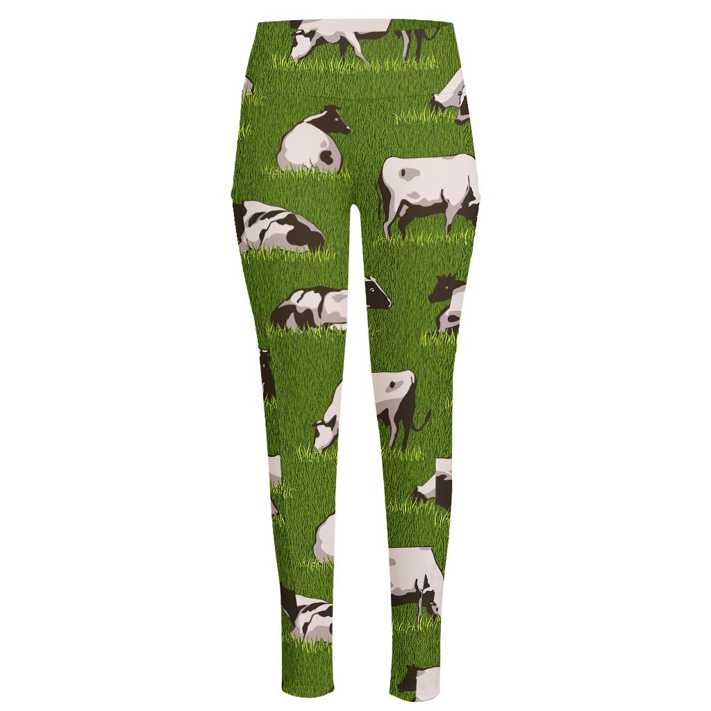 Cow On Green Grass Pattern Print High-Waisted Pocket Leggings