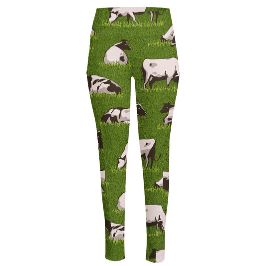 Cow On Green Grass Pattern Print High-Waisted Pocket Leggings