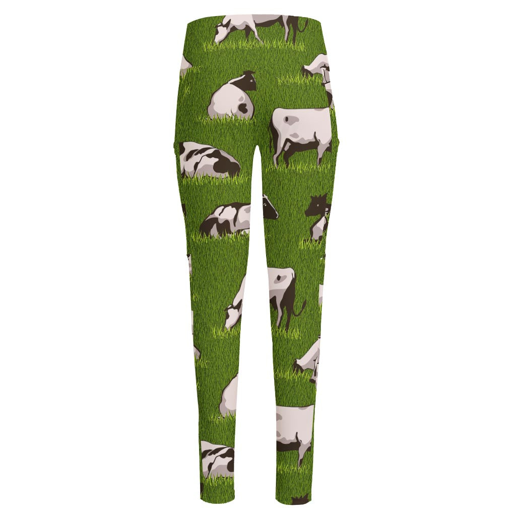 Cow On Green Grass Pattern Print High-Waisted Pocket Leggings