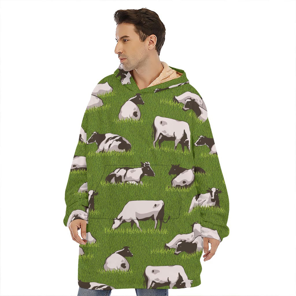 Cow On Green Grass Pattern Print Hoodie Blanket