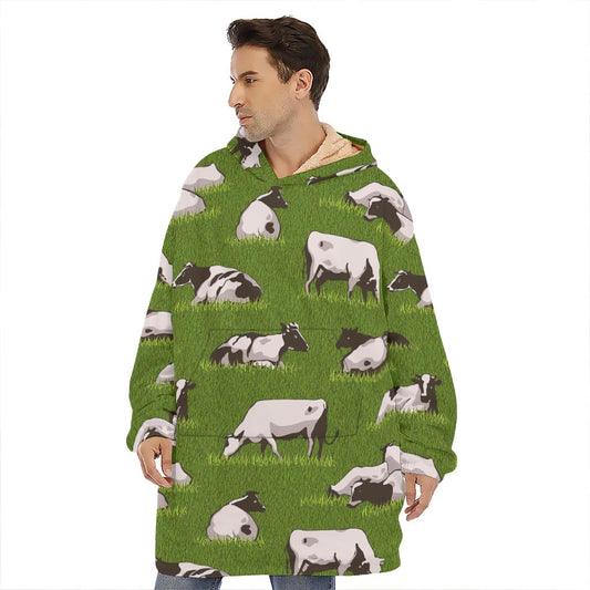 Cow On Green Grass Pattern Print Hoodie Blanket