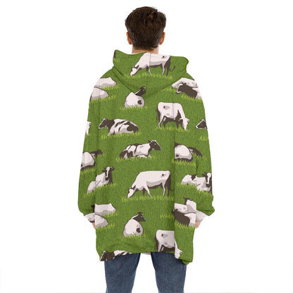Cow On Green Grass Pattern Print Hoodie Blanket