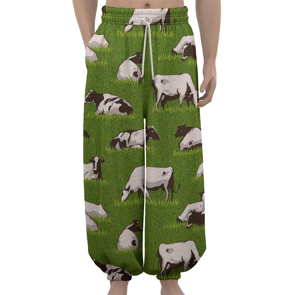 Cow On Green Grass Pattern Print Lantern Pants