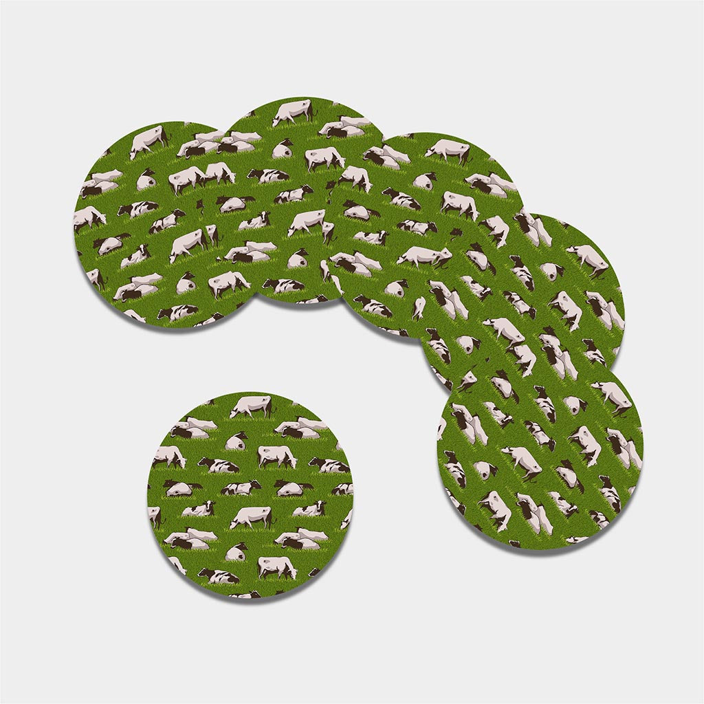 Cow On Green Grass Pattern Print Leather Coaster Set