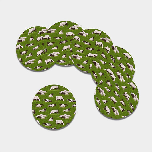 Cow On Green Grass Pattern Print Leather Coaster Set