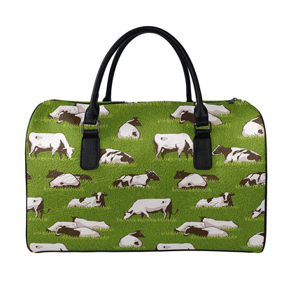 Cow On Green Grass Pattern Print Leather Duffle Bag