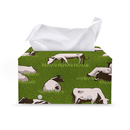 Cow On Green Grass Pattern Print Leather Tissue Box Cover