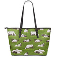 Cow On Green Grass Pattern Print Leather Tote Bag With Zipper