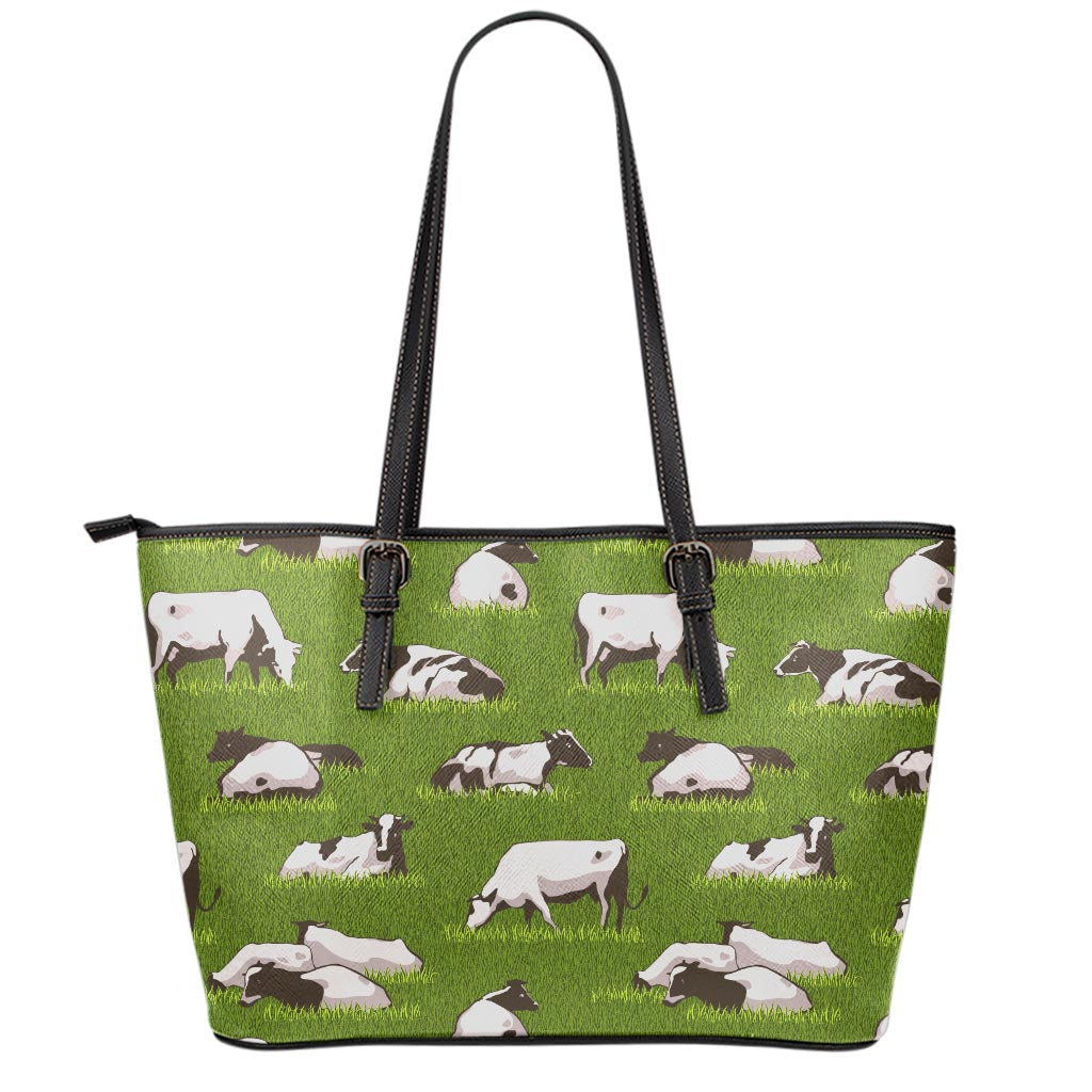 Cow On Green Grass Pattern Print Leather Tote Bag