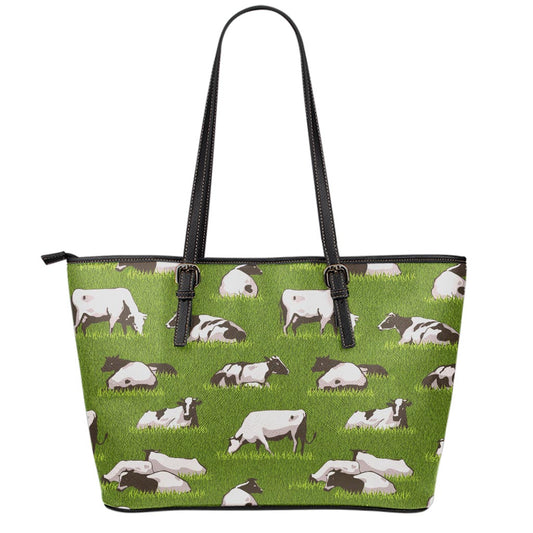 Cow On Green Grass Pattern Print Leather Tote Bag