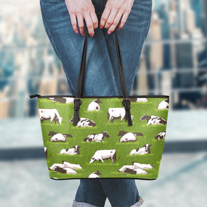 Cow On Green Grass Pattern Print Leather Tote Bag