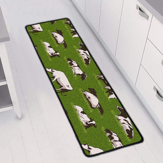 Cow On Green Grass Pattern Print Long Kitchen Mat
