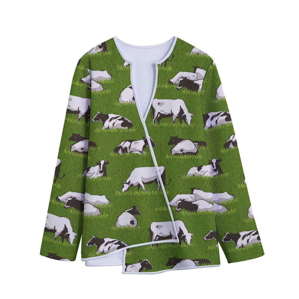 Cow On Green Grass Pattern Print Long Sleeve Short Coat