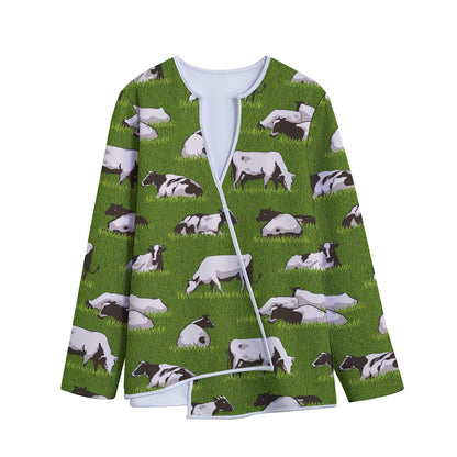 Cow On Green Grass Pattern Print Long Sleeve Short Coat