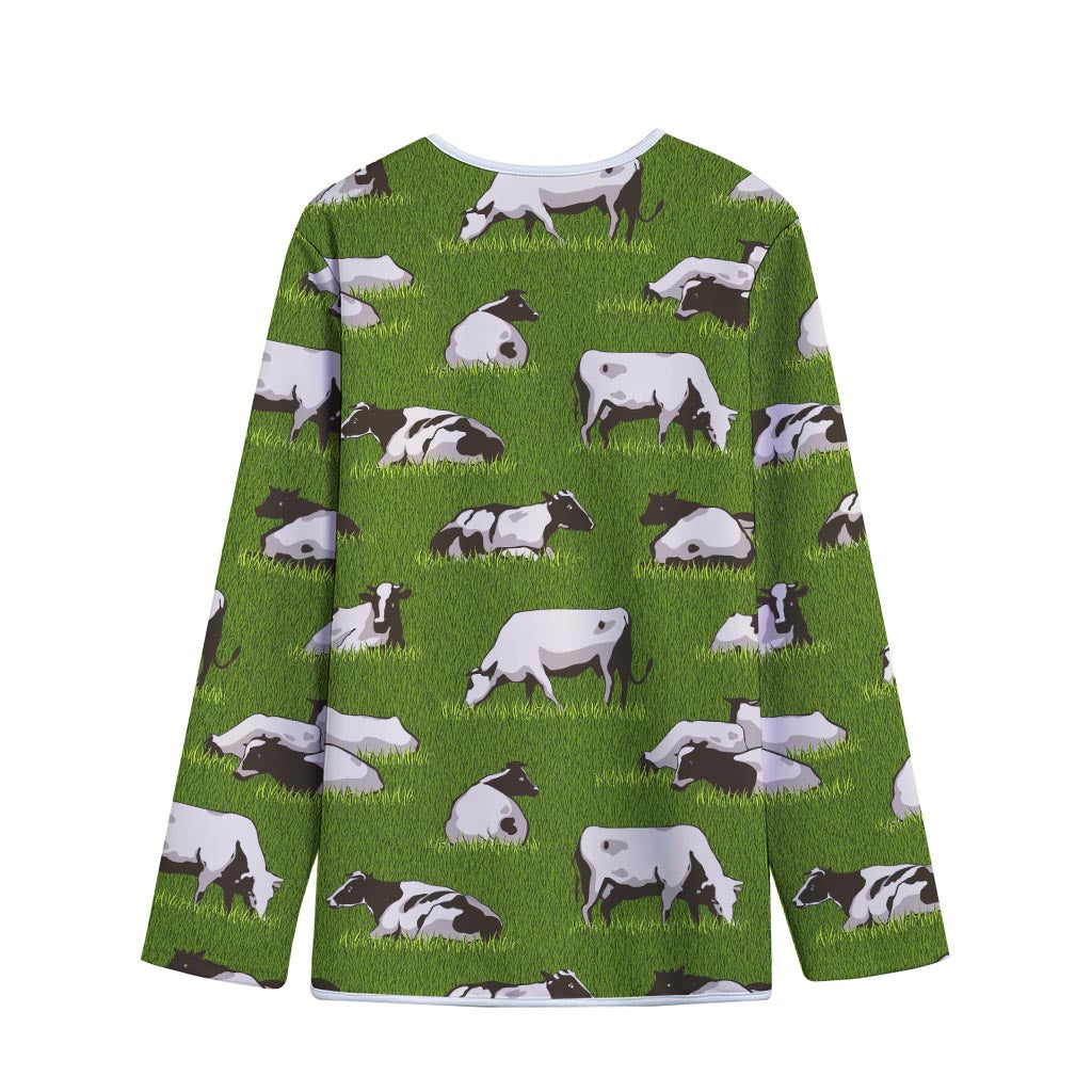 Cow On Green Grass Pattern Print Long Sleeve Short Coat