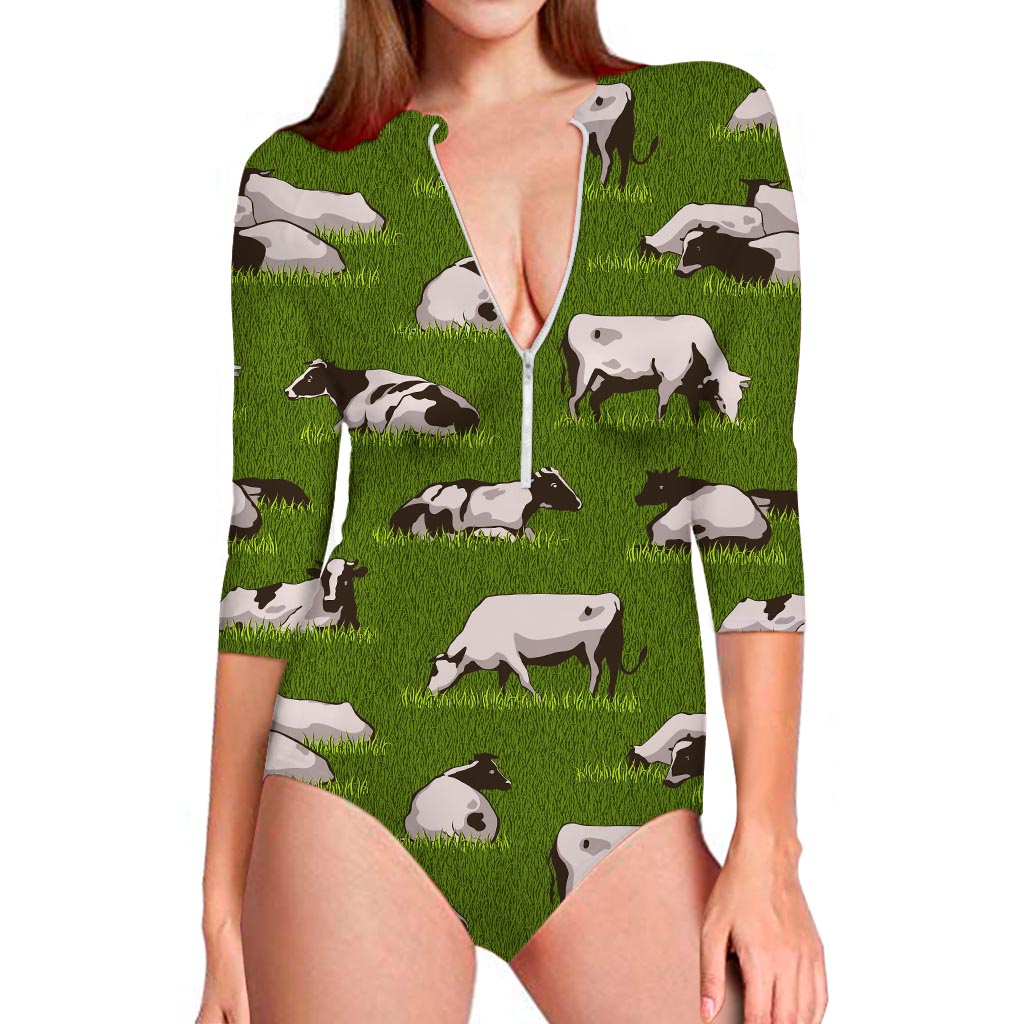 Cow On Green Grass Pattern Print Long Sleeve Swimsuit
