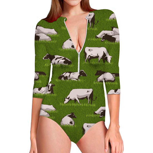 Cow On Green Grass Pattern Print Long Sleeve Swimsuit