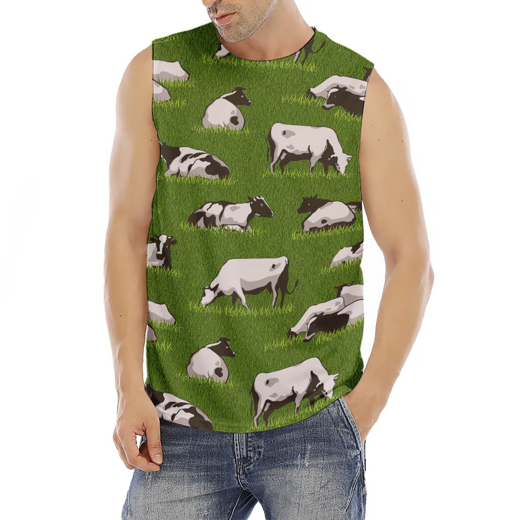 Cow On Green Grass Pattern Print Men's Fitness Tank Top