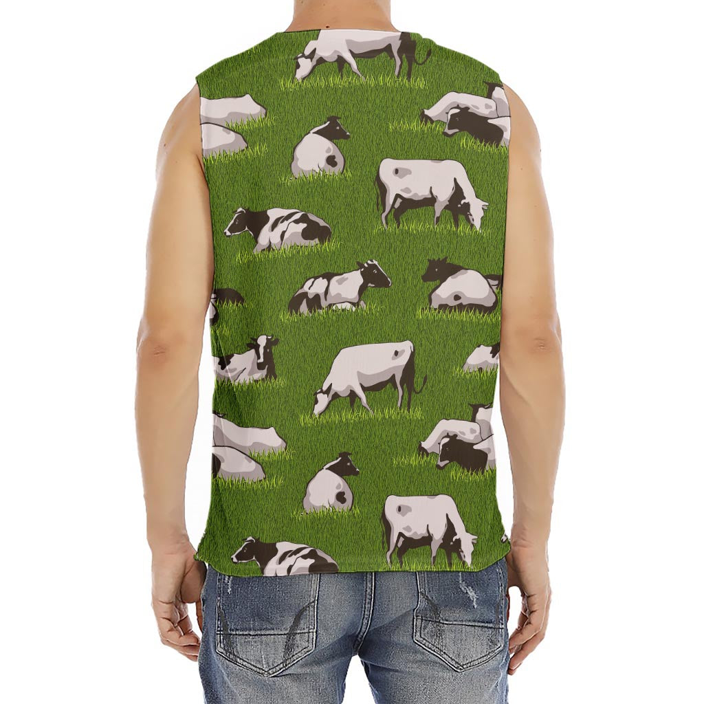 Cow On Green Grass Pattern Print Men's Fitness Tank Top