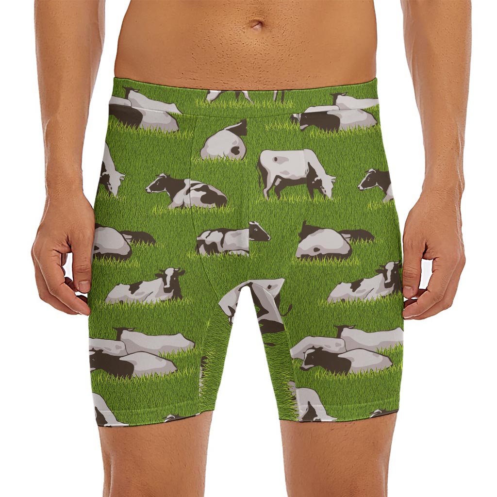 Cow On Green Grass Pattern Print Men's Long Boxer Briefs