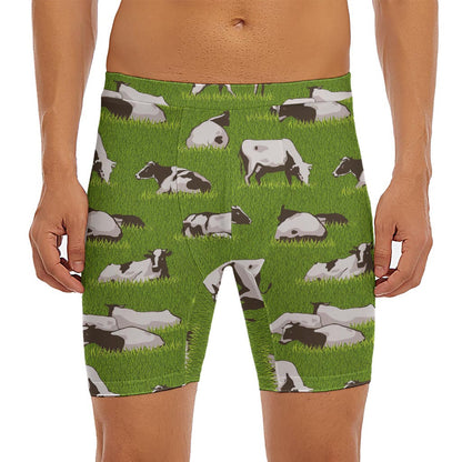 Cow On Green Grass Pattern Print Men's Long Boxer Briefs